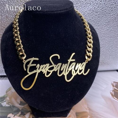 AurolaCo Custom Name Necklace 8mm Cuban Chain Necklace Personalized Stainless Steel Letter Pendant Necklace Women Gifts