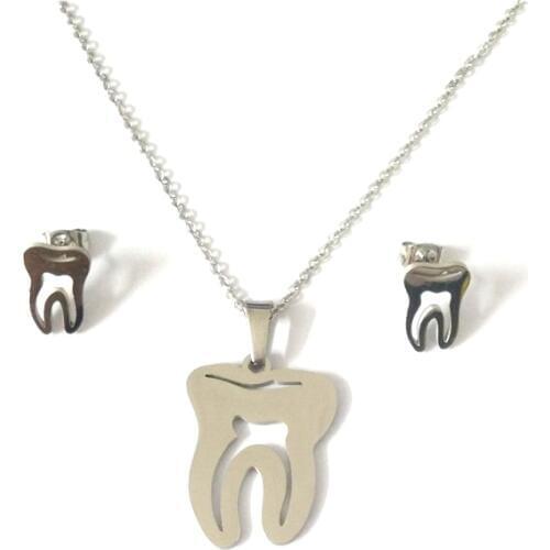 FairLadyHood New Stainless Steel Tooth Pendant Necklaces & Earrings Women Chain Necklace Medical Jewelry Set For Dentist Gifts