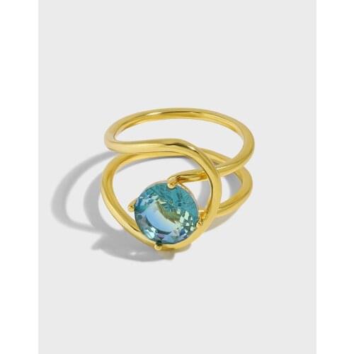 Real. Authentic 925 Sterling silver Double Rows line Two-Color Stone Blue Gems Solitaire Round Ring C-JA628