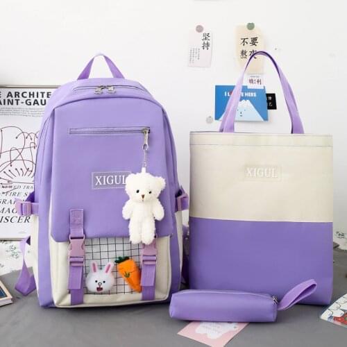 3 Piece Set School Backpack Simple Bags for Teenage Girl 2021 Casual Student Bag Fashion Bear Canvas Travel Women Bookbags Big