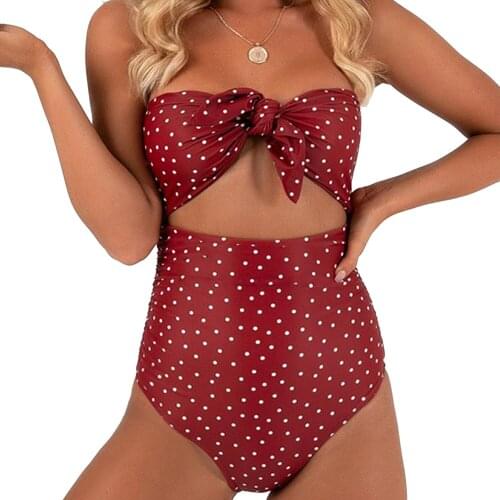 Sexy One Piece Hollow High Waist Knotted Swimsuit Women Bikini Bathing Suit Brazilian Wave Point Female Bodysuit Swim Suit