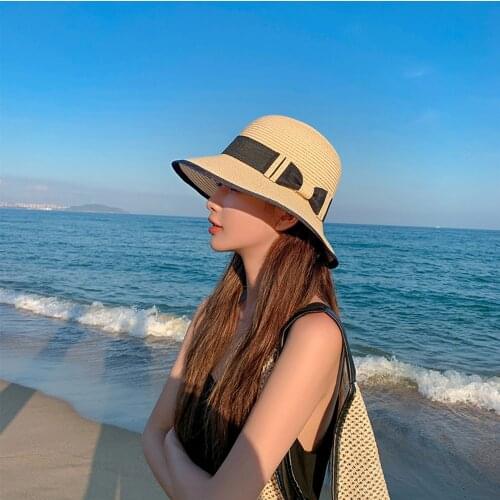 Summer Hats For Women Sun Hat Beach Ladies Fashion Flat Brom Bowknot Panama Lady Casual Sun Hats For Women Straw Hat 2021