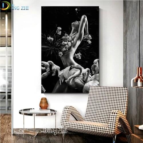 Modern Sexy Nude Women, Flamingo Diamond Embroidery 5D Black And White Animals Flower Diamond Painting Cross Stitch Home Decor