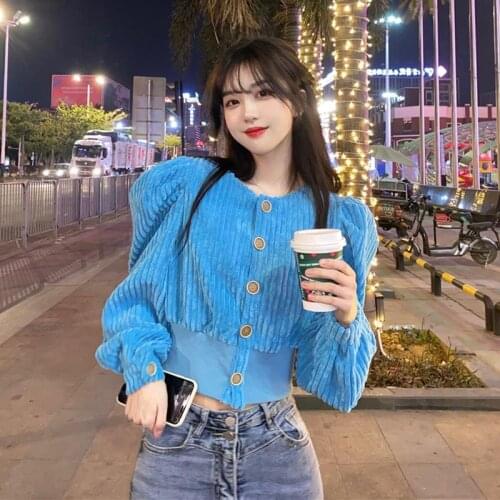 Spring 2021 New Style Puff Sleeve Chic Top Super Fairy Corduroy Shirt Womens Design Sense