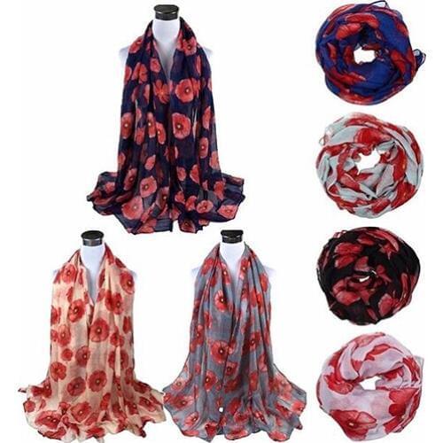Women Fashion Red Poppy Flower Printed Voile Long Scarf Wrap Stole Shawl