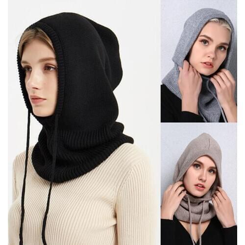 Women Hat Scarf Cashmere Wool Hat Winter Thick Knitted Soft Warm Beanies Hooded Scarf Solid Color Ski Elastic Accessories