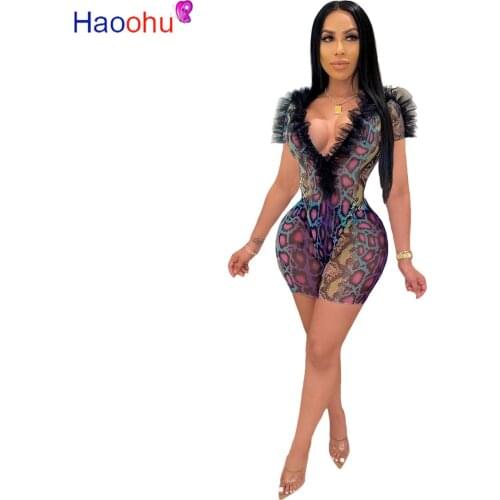 Sexy Snake Print Two Piece Set Summer Clothes for Women Matching Sets Mesh Ruffle Bodysuit+Shorts 2 Piece Club Outfits