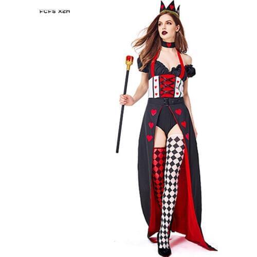 Woman Alice in Wonderland Red Queen Cosplay Female Halloween The Queen of Hearts Costumes Carnival Purim Role play party dress
