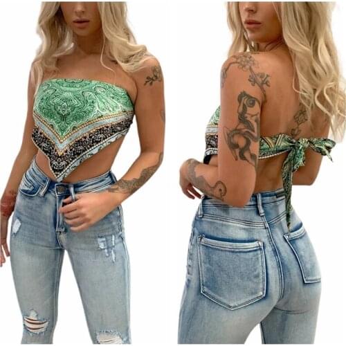 2021 Boho Vintage Graphic Tube Top Strapless Backless Bandage Cropped Irregular Hem Slim Fit Cami Women Summer Beach Clothing