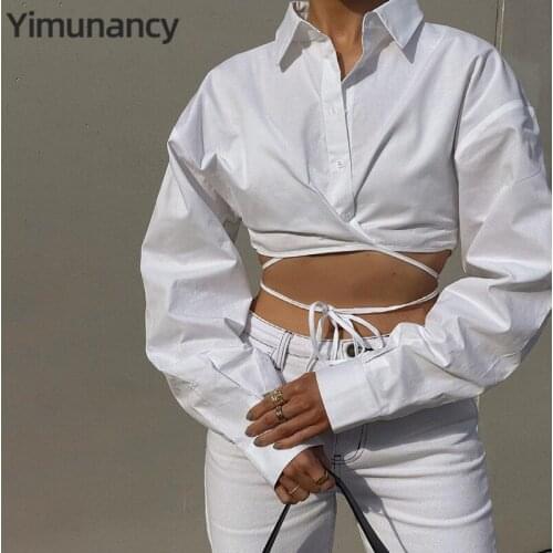 High Street Long Sleeve Cropped Top Women Turn Down Collar Casual Top 2021 Ladies Autumn White Wrap Top