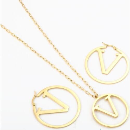 ZMFashion Jewelry Set Earrings Necklace For Women Ladies Girls Stainless Steel Big Round Letter V-design Pendant Chain Necklaces