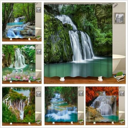 3D Waterfall Scenery Waterproof Shower Curtains Bathroom Landscape Trees Flower Bath Curtain Cloth Home Decoration With Hooks
