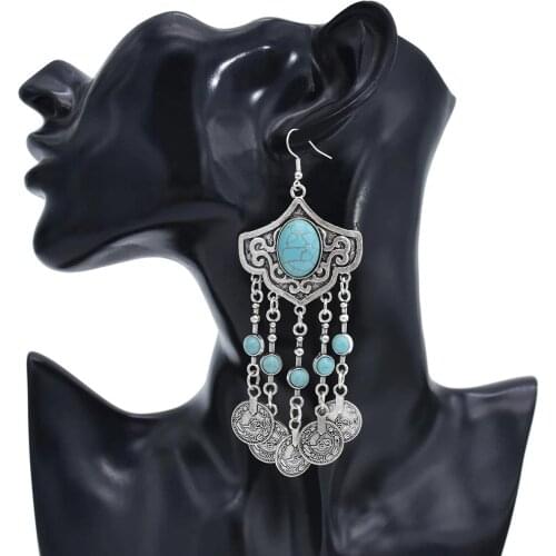 Gypsy Turkish Coin Statement Earrings for Women Bohemian Blue Black Stone Long Tassel Dance Party Earring Nepal Indian Jewelry