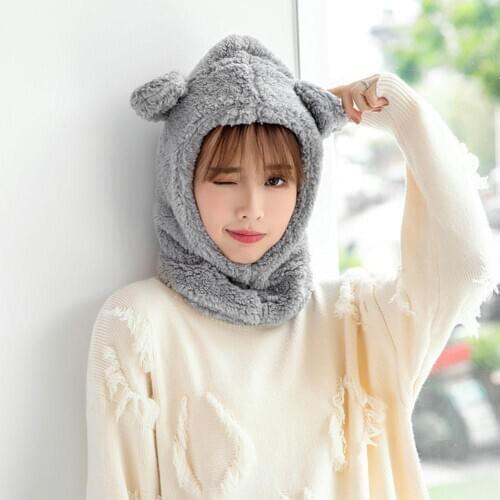 Ins Women winter cute bear ears warm hat windproof neck scarf cap Head Cover Headscarf student women plus cashmere cap