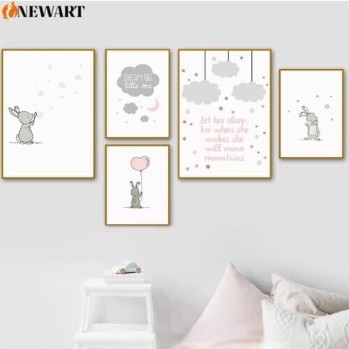 Pink Canvas Painting for Baby Girl Bedroom Wall Art Poster Print Grey Rabbit Heart Balloon Cloud Decoration Picture Kids Decor