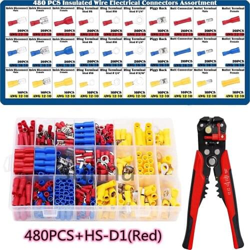 480PCS Assorted Spade Terminals Insulated Cable Connector Electrical Wire Assorted Crimp Butt Ring Fork Set Ring Lugs + Plier