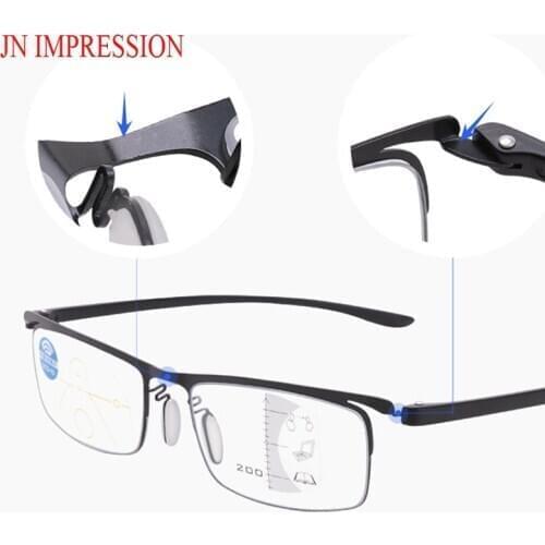 Multifocal Men Reading Glasses Progressive Bifocal Anti Blue Ray Metal Half Frame Presbyopia Glasses Women Tr90 Gafas 1.0 1.5