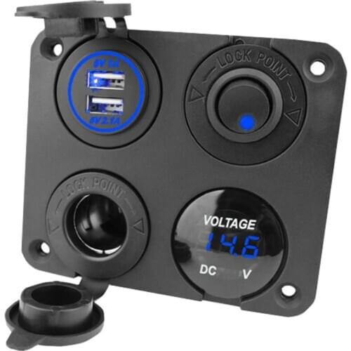 Car and yacht modified four-hole panel with dual USB car charger cigarette lighter plus female seat plus voltmeter switch new