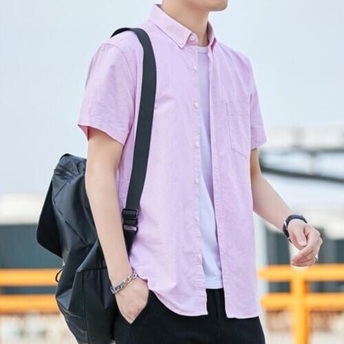 New pure cotton Oxford-spun short-sleeved casual shirt Japanese style mens loose shirt simple pure color short-sleeved shirt