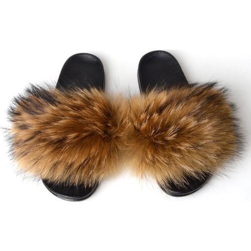 New Womens Fur Slipper Real Raccoon Fur Fashion Style Furry Slides Soft Warm Big Fluffy Fur Shoes Wholesale