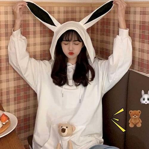 Autumn Hooded Rabbit Ears Long-sleeved White Hoodies Womens Autumn Korean Version Of The Cute Bear Outer Wear Loose Lazy Top 20