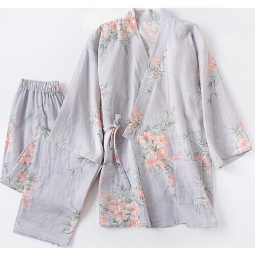 2PCS Japanese Kimono Pajamas Set Pure Cotton fashion Women Autumn New Yukata Floral Printing Sweat Steaming Suit Lovers Clothing