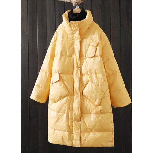 Ailegogo Winter Women Thick Warm White Down Long Jacket Casual Female Loose Fit Stand Collar Zipper Pocket Coat Snow Outwear