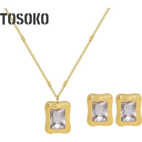 TOSOKO Stainless Steel Jewelry Square Zircon Brick Pendant Necklace Clavicle Chain Female Earrings Set BSP201-BSF501