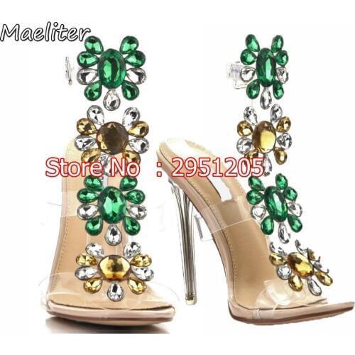 Amazing Lady Rhinestone Stiletto High Heels Sandals Flower Crystal Sexy Clear Transparent PVC Sandals Shoes Summer Dress Shoes