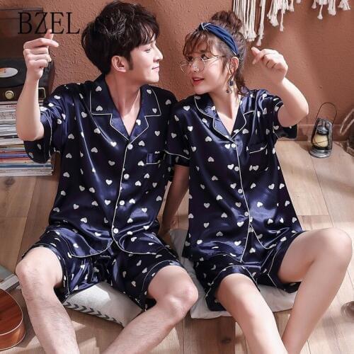 BZEL 2019 Summer Satin Pajamas Set Short Sleeve Sleepwear Women And Male Turn-down Pyjamas Cartoon Heart Pattern Lovers' Clothes