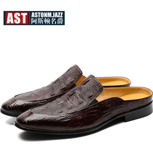 US6-11 Full Grain Leather Casual SLIP-ON New Men Penny Loafer Crocodile Pattern Mules Open Back Slippers Designer Shoes