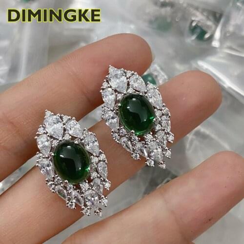DIMINGKE Natural 8*10MM olive-shaped emerald earrings sparkling green S925 sterling silver commemorative woman jewelry