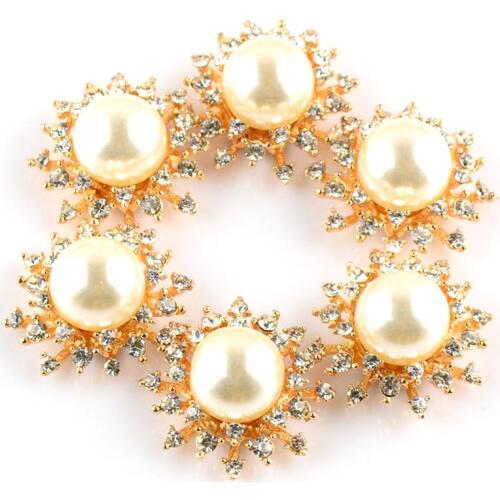 20pcs/lot Dia.30mm Czech Crystal Rhinestone Button Golden Color Alloy With Big Imitation Pearls For Flower DIY Accessories PJ17