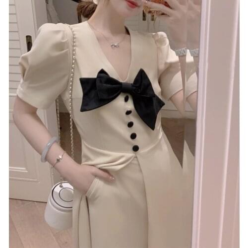 2021 Summer Elegant Casual Womens Dresses Party Korean Style Bow Vintage Midi Dress Females Casual Short Sleeve V-neck Design