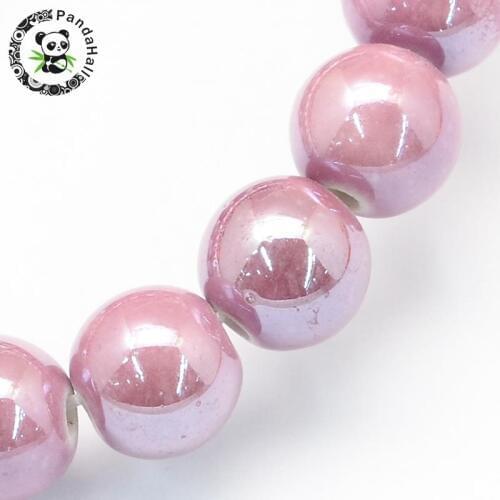 300pcs Pearlized Handmade Porcelain Ceramic Jewelry Making DIY Ball Loose Round Beads, Pink, 6mm, Hole: 1.5mm