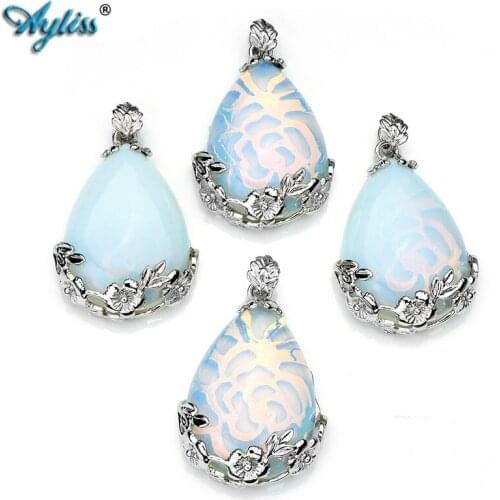 Ayliss High Quality Opalite Pendant Fire Opal Stone Pendants Inlaid Flower Teardrop Bead Drop Charms Necklace Jewelry Pendant