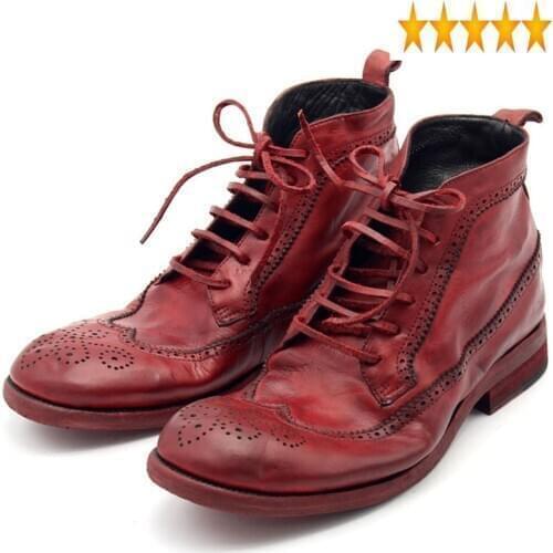 Leather Italy Genuine Handmade Cow Male Ankle Lace Up Wing Tip Brogue Heel Work Satety Shoes Men Motorcycle Boots Punk Red