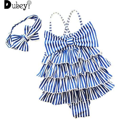 Baby Girl Swimwear Bathing Suit Little Girl Suspender Swim Swimsuit Blue Stripes Bow One Piece Swimwear Toddler Bikinis