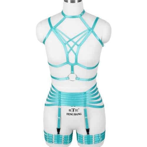 Women Full Body Harness Bra Elastic Adjust Bondage Body Cage Hollow Out Strap Harness Garter Belt Goth Rave Sexy Lingerie Set