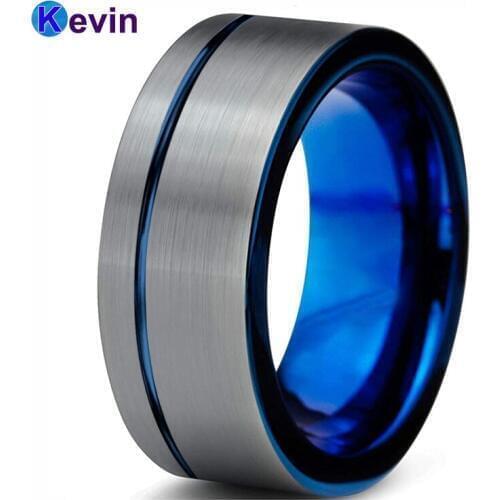 Blue Men Ring Tungsten Ring Mens Wedding Band Offset Groove Width 10MM Comfort Fit
