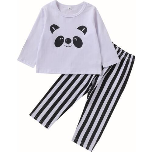 Baby Boy Girl Cartoon Panda Print Clothing Set T-Shirt Pants Casual Cotton Outfits Spring Autumn Kids Long Sleeve Stripe Pajamas