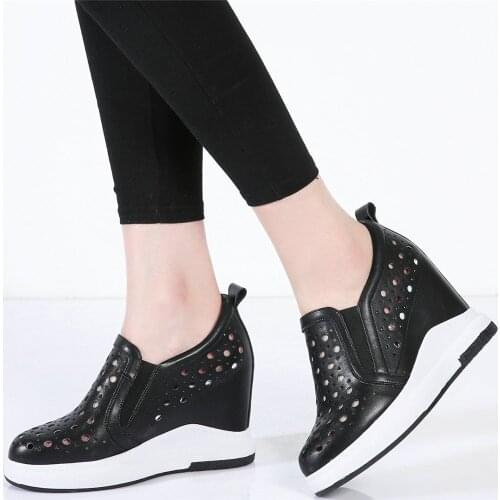 Summer Fashion Sneakers Women Hollow Cow Leather Wedges High Heel Ankle Boots Female Round Toe Platform Pumps Shoes Casual Shoes