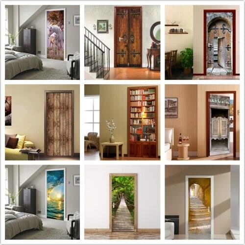 Retro Wood Door Stickers 3D Library Self-adhesive Wallpaper For Doors Landscape Waterproof Living Room Bedroom Mural Renew Decal