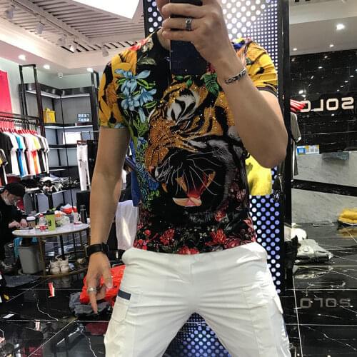 2021 New England Style Fancy T shirt Man Tiger Diamond Short Sleeve Men Leisure Slim Printing Summer T-shirt Large size