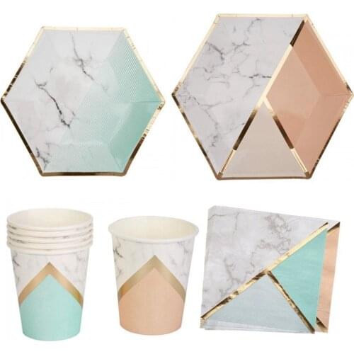 Bronzing Orange Blue Disposable Tableware Cup Napkin High Quality Hexagon Picnic Plates Wedding Birthday Party Supplies