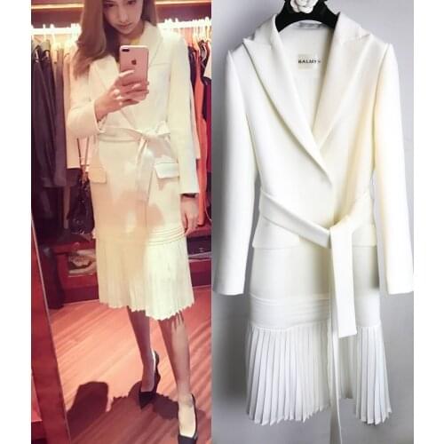Autumn Fashion Blazer Women ol Dress Suits notched Long Sleeve Pleated Dress