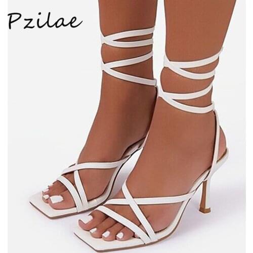 Pzilae New summer white sexy lace-up women sandals square toe high heels cross strap gladiator sandals party shoes size 35-40