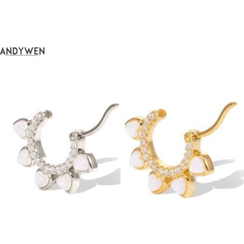 ANDYWEN 925 Sterling Silver 2019 New Design Opals Goold Hoops Huggies Earring CZ Crystal Ring Round Circle CLips Piercing