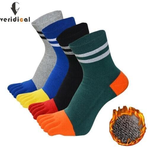 Veridical 5 Pairs/Lot Cotton Five Finger Thermo Socks For Man Winter Striped Thick Terry Work Socks With Toes Skarpetki Sokken
