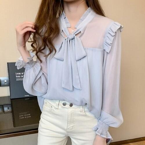 2021 autumn new female loose and thin pure color lace lantern sleeve casual chiffon shirt long sleeve